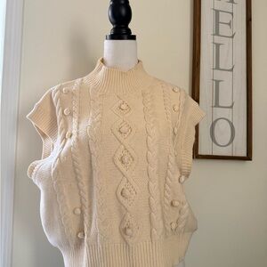 Tea n Rose Beige Cable Knit Sleeveless Turtleneck Sweater